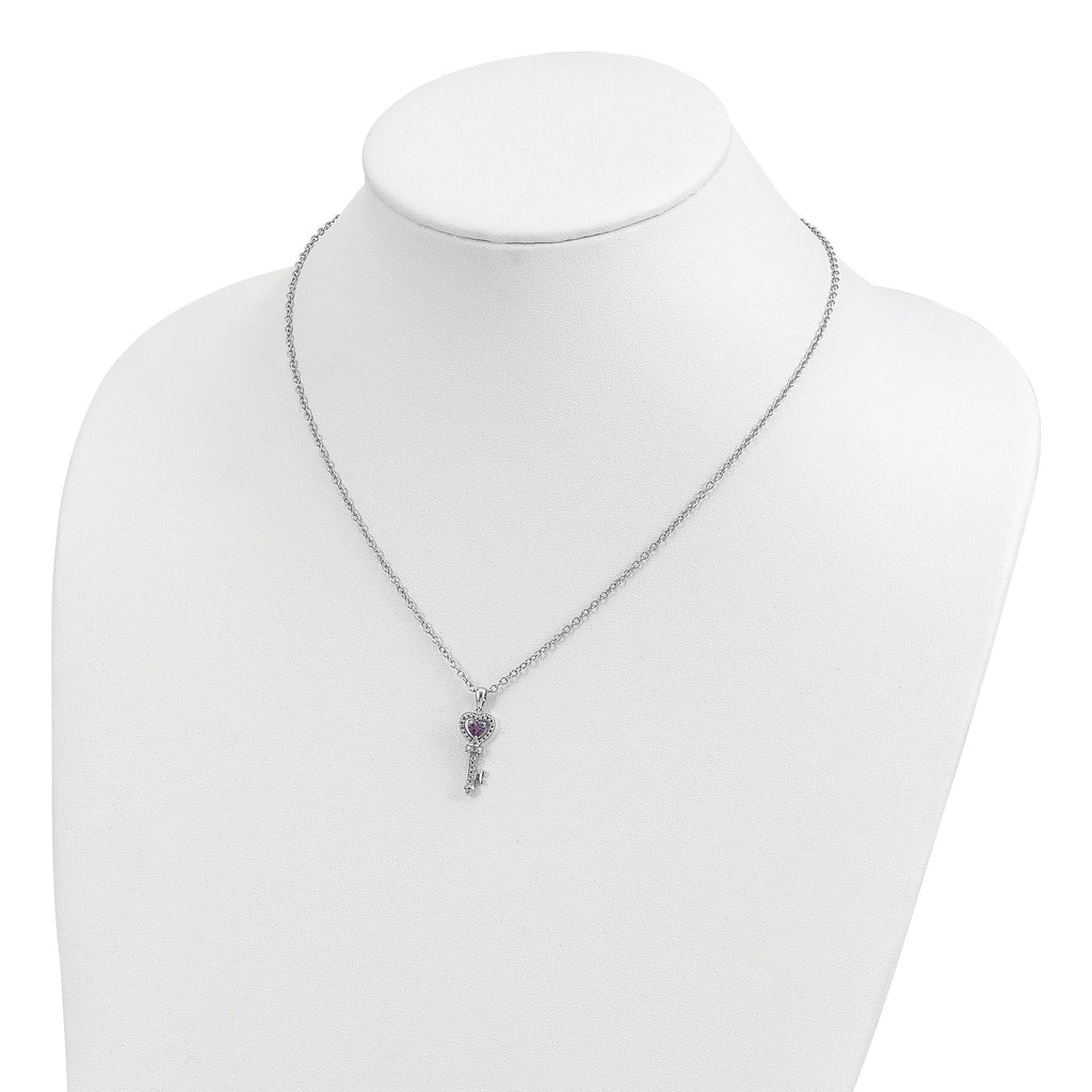 Brilliant Gemstones Sterling Silver with 14K Accent Rhodium-plated Amethyst and Diamond Key 18 Inch Necklace with 2 Inch Extender