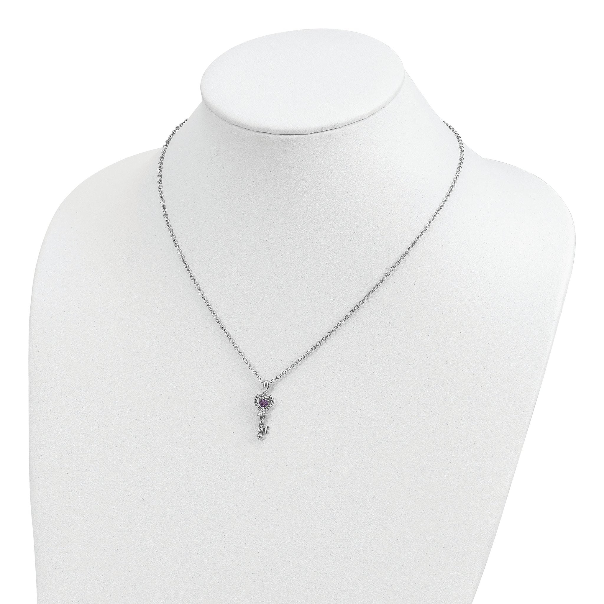 Brilliant Gemstones Sterling Silver with 14K Accent Rhodium-plated Amethyst and Diamond Key 18 Inch Necklace with 2 Inch Extender
