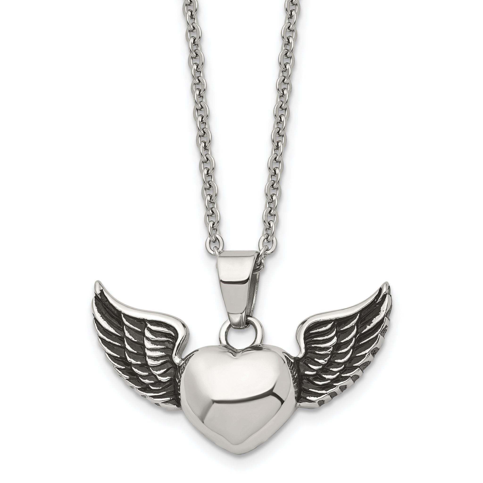 Chisel Stainless Steel Antiqued and Polished Heart with Wings Pendant on an 18 inch Cable Chain Necklace Main image