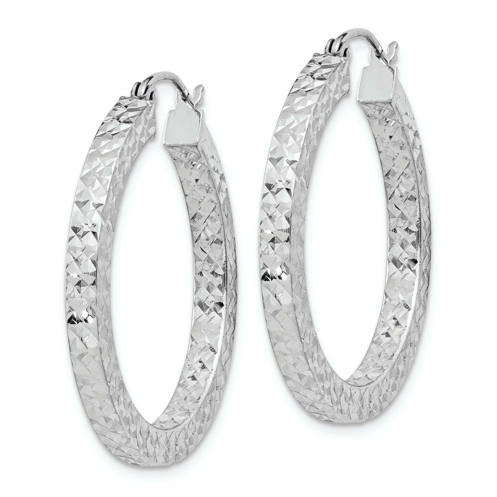Sterling Silver Rhodium-plated Diamond-cut 3x30mm Square Tube Hoop Earrings Secondary image