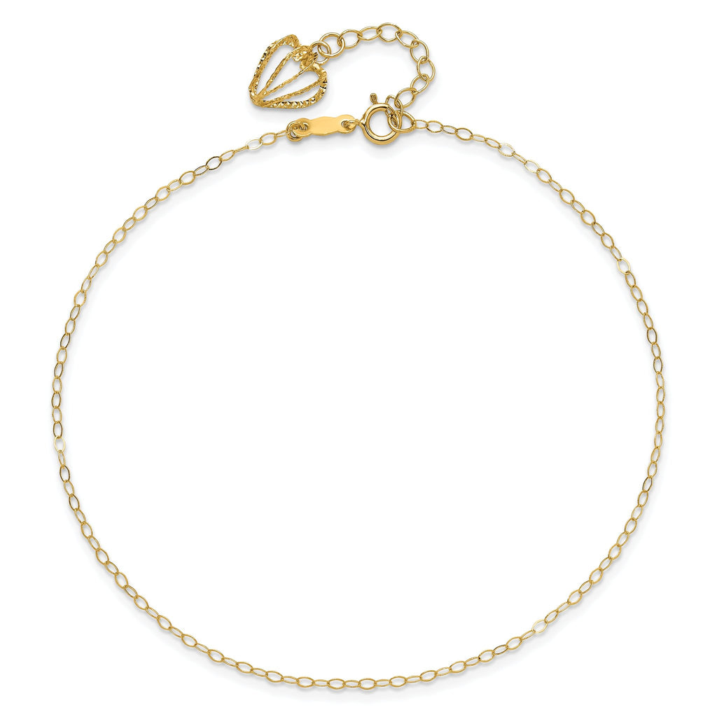 14K Cable Chain with Diamond-cut Heart Cage Dangle 9 inch Plus 1 inch Extender - Total 10 inch Ankle