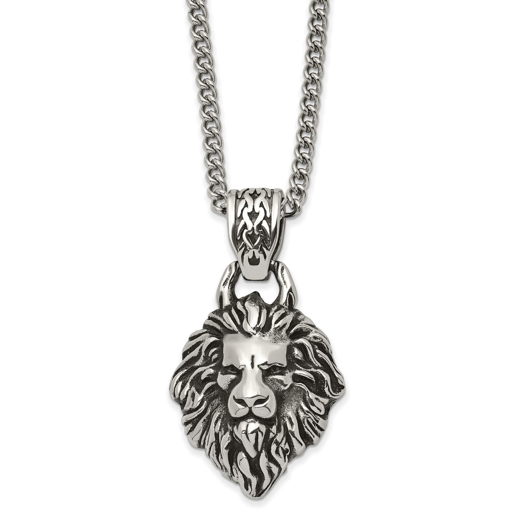 Lion Head Pendant Necklace in Stainless Steel, 24 in