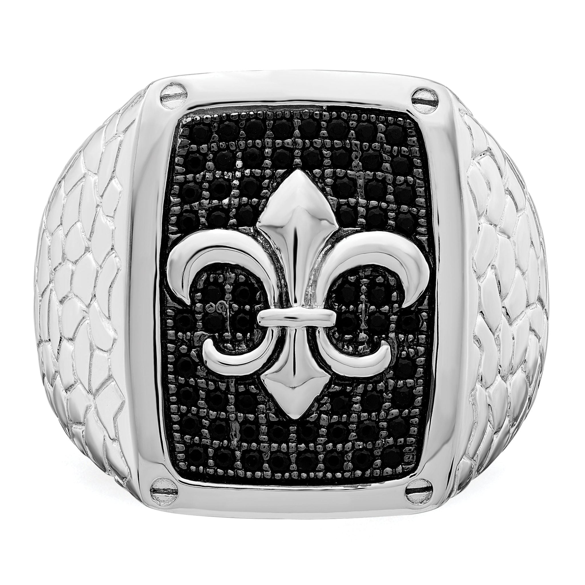 Brilliant Embers Sterling Silver Rhodium-plated 62 Stone Black Micro Pave CZ Fleur De Lis Men's Ring