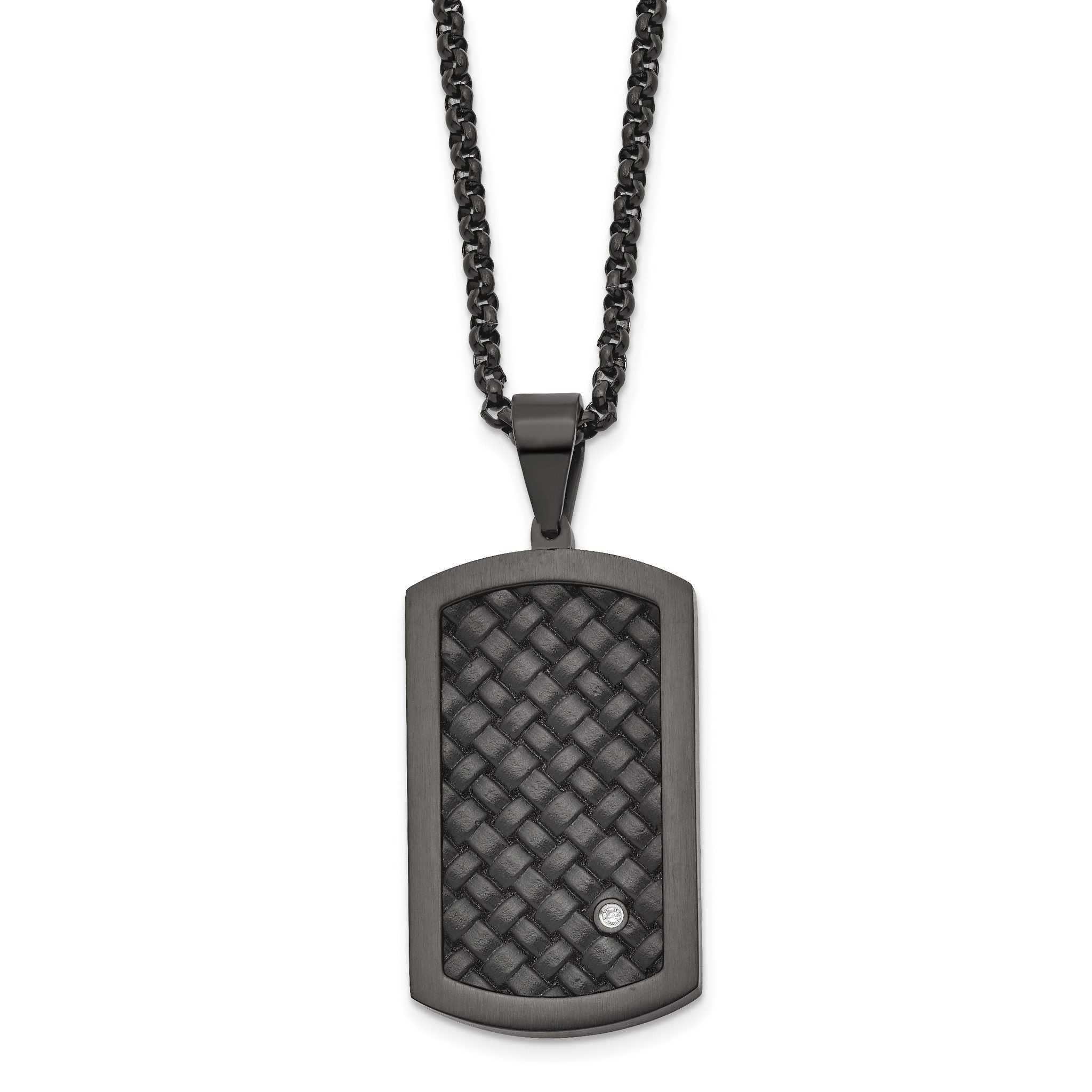 Stainless Steel Brushed Black IP w/Black Leather & CZ Dog Tag Necklace Main image