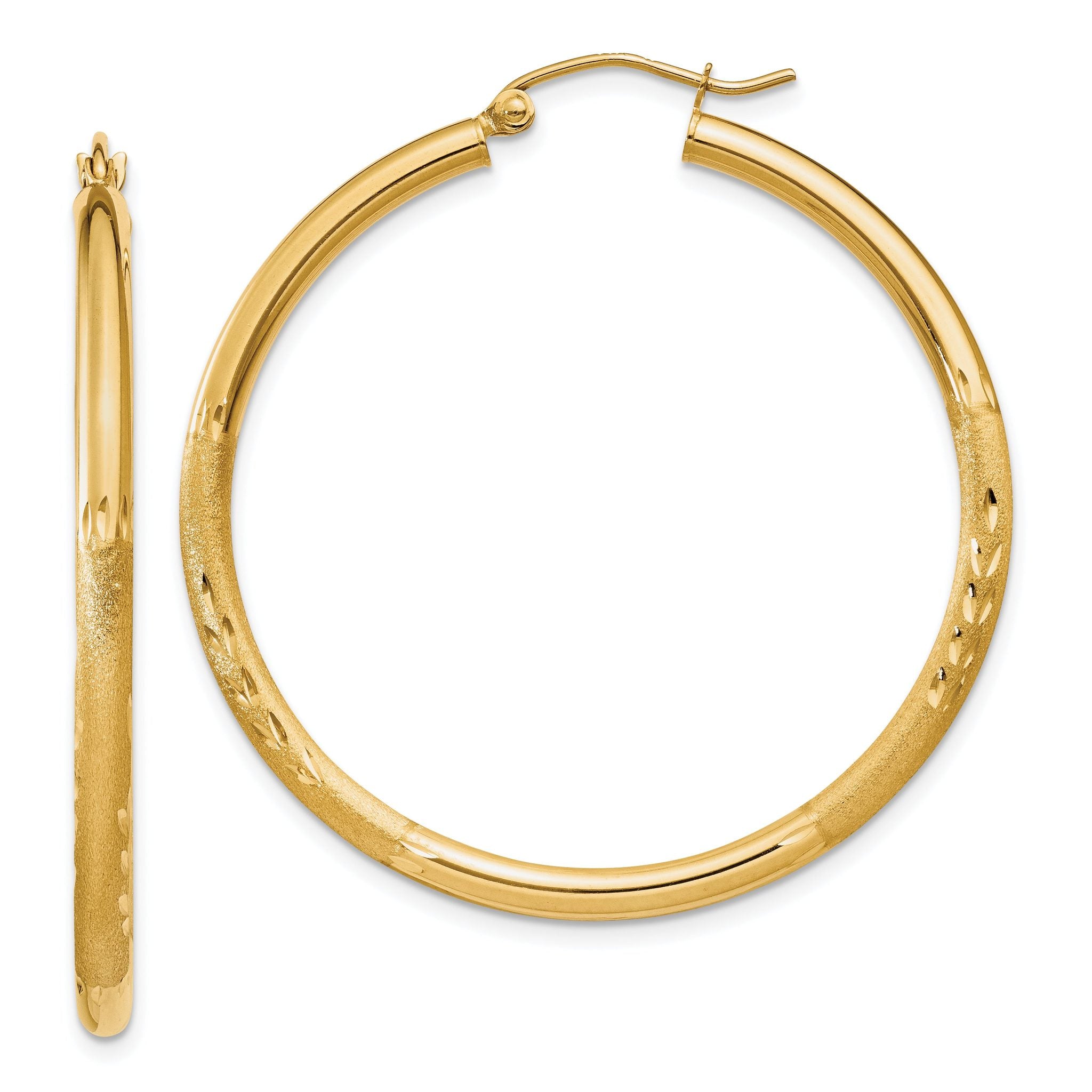 14k Satin and Diamond-cut 2.5mm Round Hoop Earrings Main image