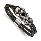 Stainless Steel Polished and Enameled Skull with Black Glass 2 Strand Braided Black Leather Bracelet for Men