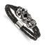Stainless Steel Polished and Enameled Skull with Black Glass 2 Strand Braided Black Leather Bracelet for Men
