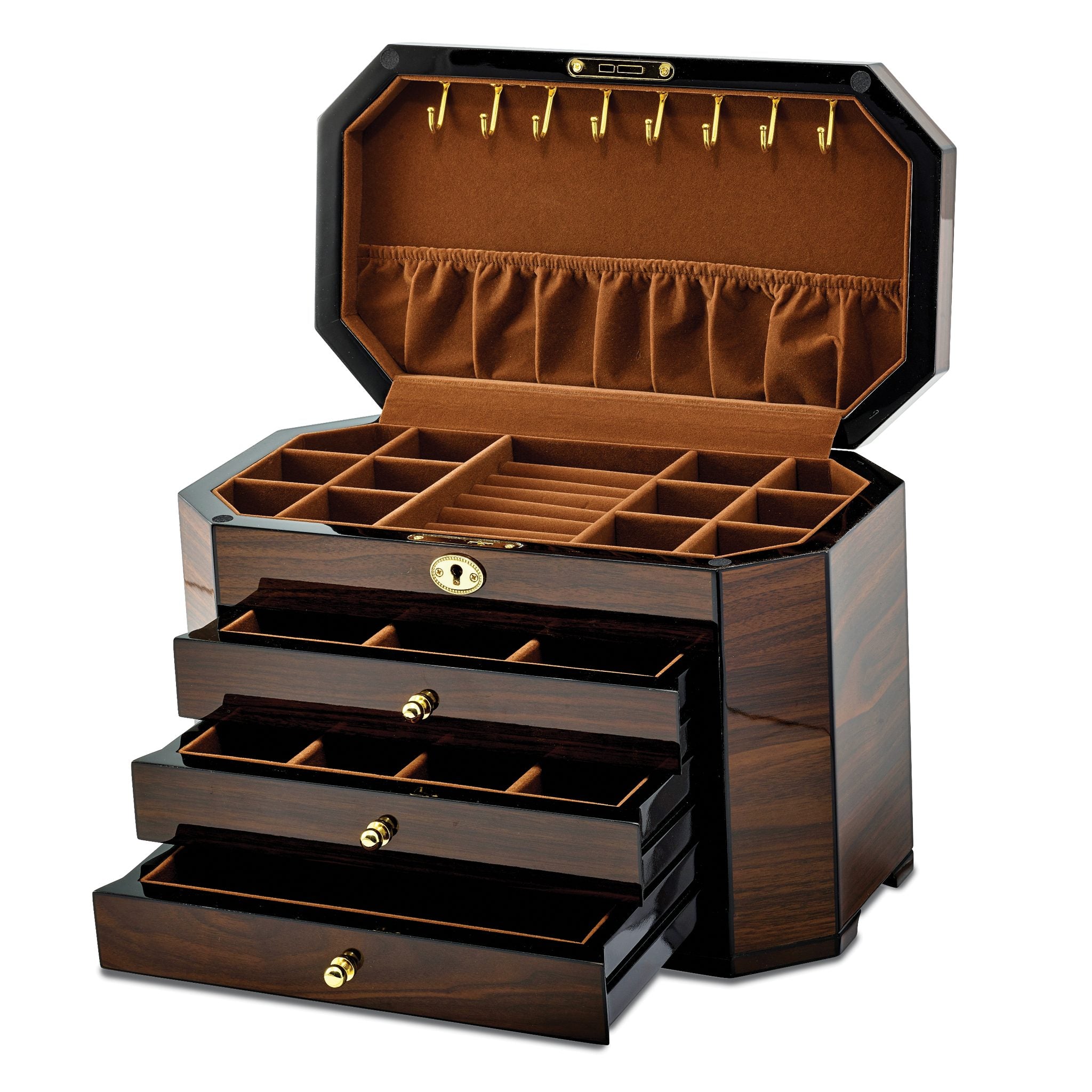 Luxury Giftware by Jere High GloSterling Silver Walnut Veneer with Black Accents 3-drawer Locking Wooden Jewelry Box