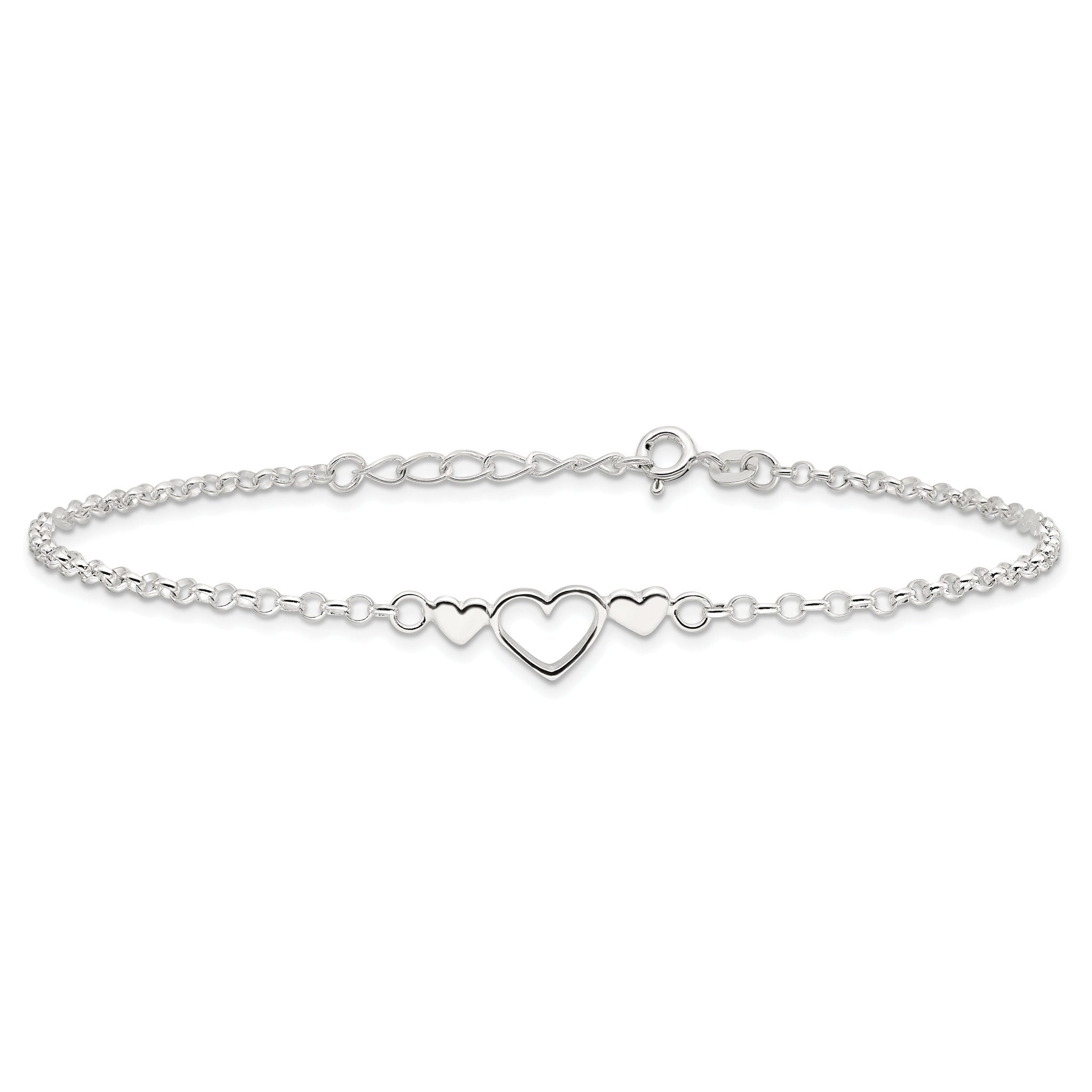 Sterling Silver Three Hearts  9 inch Plus 1 inch Extender - Total 10 inch Anklet