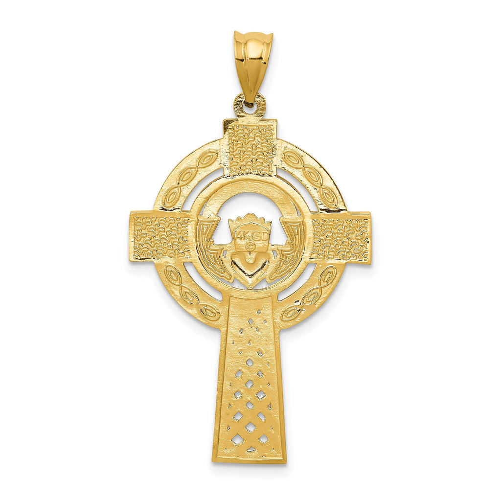14K Gold Celtic Claddagh Cross Pendant with Polished Solid Design