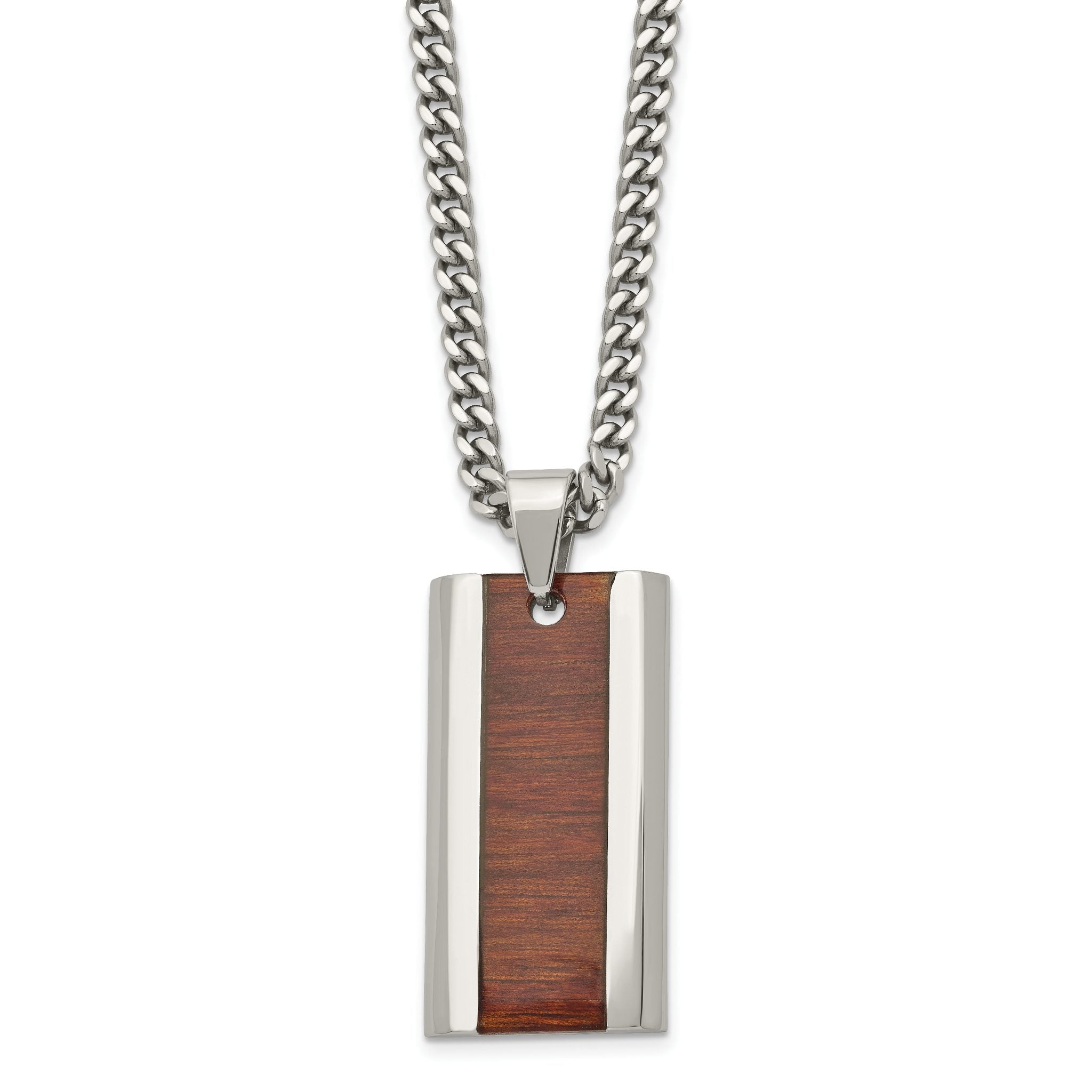 Chisel Stainless Steel Polished Red/Orange Koa Wood Inlay Enameled Pendant on a 20 inch Curb Chain Necklace Main image