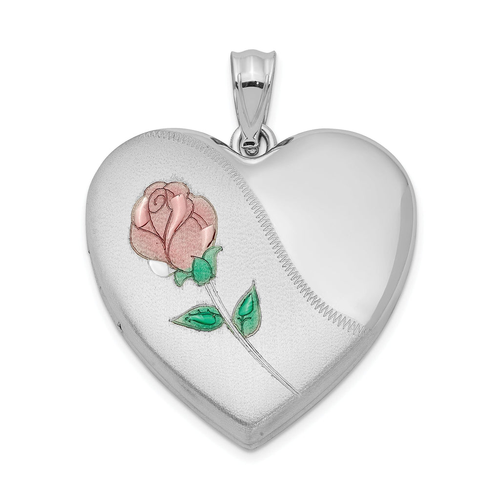 Sterling Silver Rhodium-plated 24mm Satin Enameled & Diamond Cut  Rose Locket