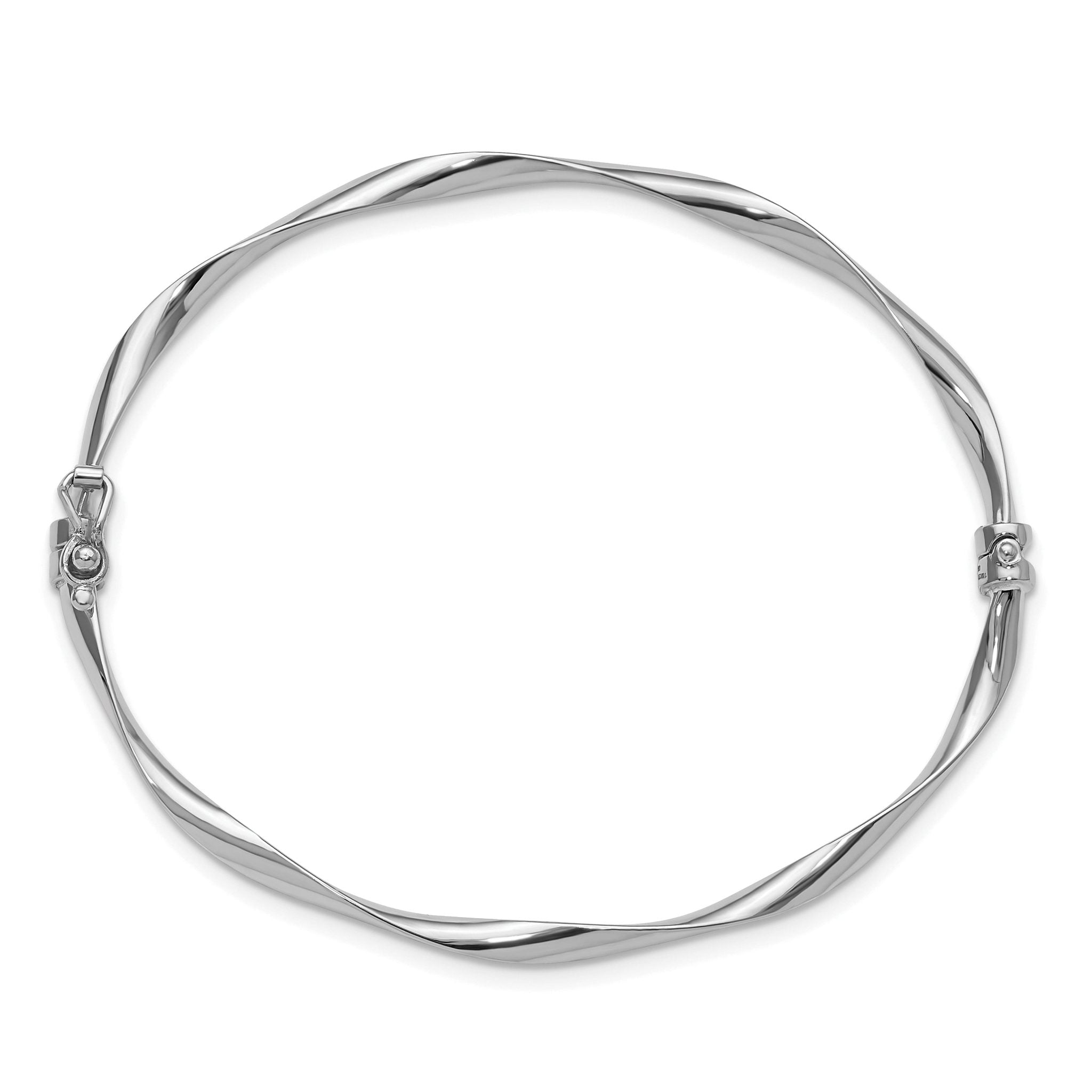 10K White Gold Hinged Bangle with Rhodium Finish and Safety Clasp