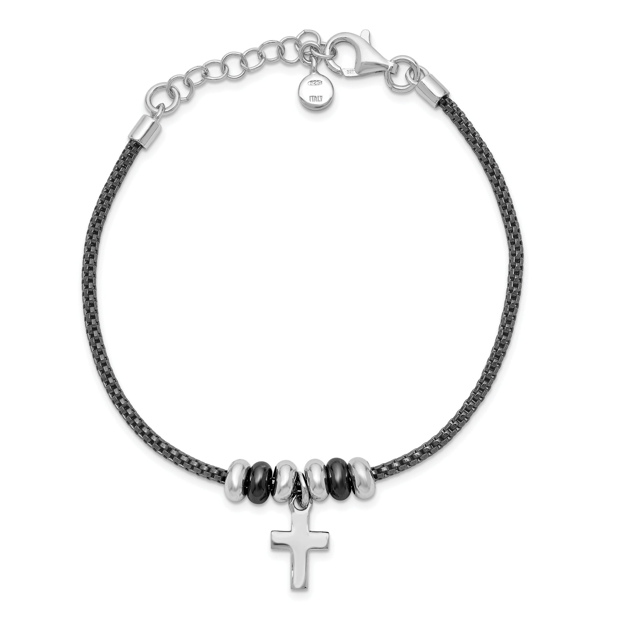 Sterling Silver Rhod and Ruth-plated Cross w/ 1in ext Bracelet Secondary image