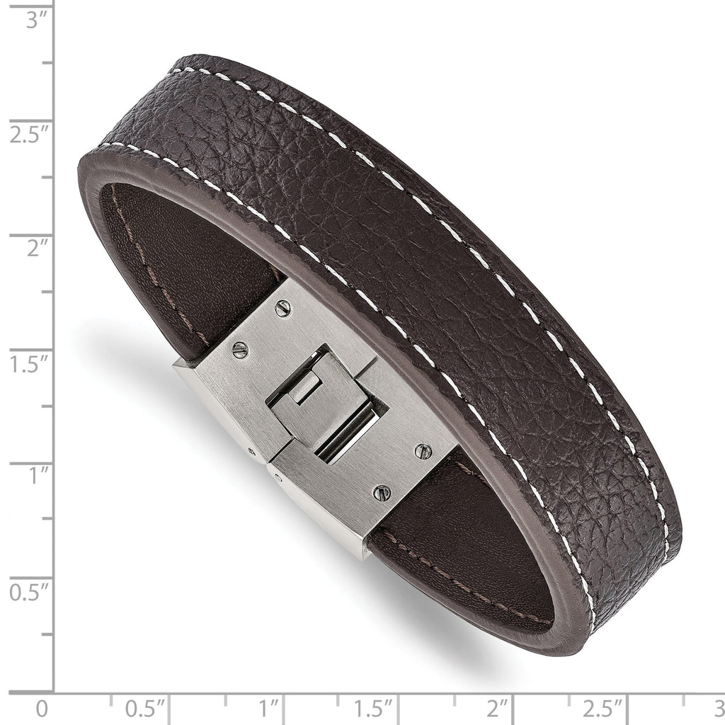 Stainless Steel Polished Brown Leather Bracelet for Men