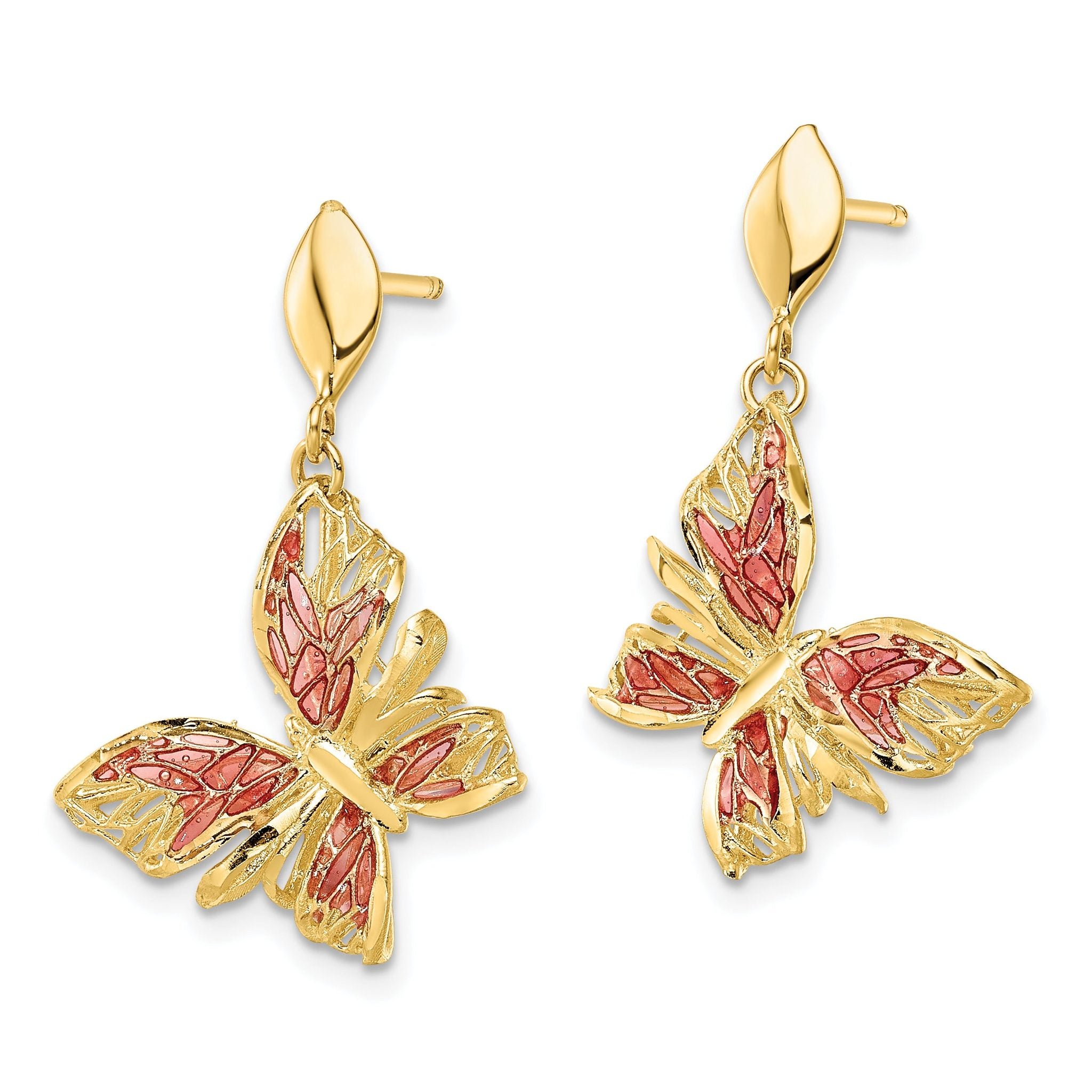 14k Polished D/C Pink Enamel Butterfly Post Dangle Earrings Secondary image