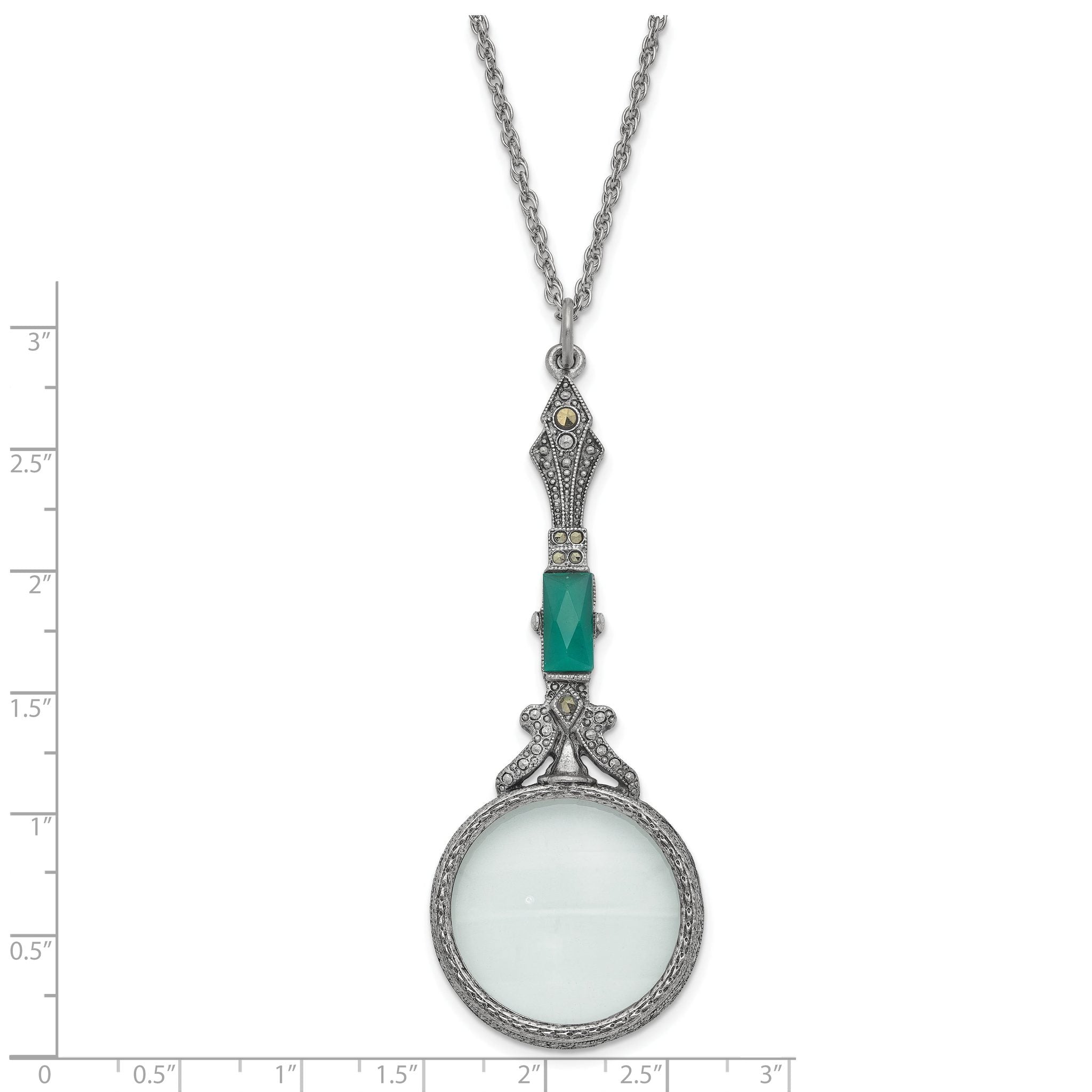 1928 Jewelry Silver-tone Hematite and Green Vintage Handle 4-5X Magnifying Glass 28 inch Necklace Secondary image