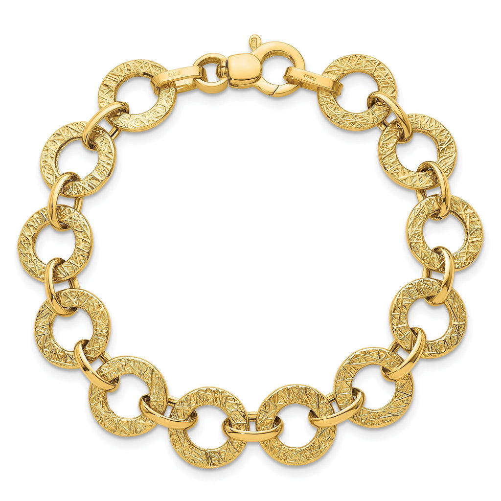 14K Polished and Textured 12mm Fancy Round Link 7 inch Bracelet