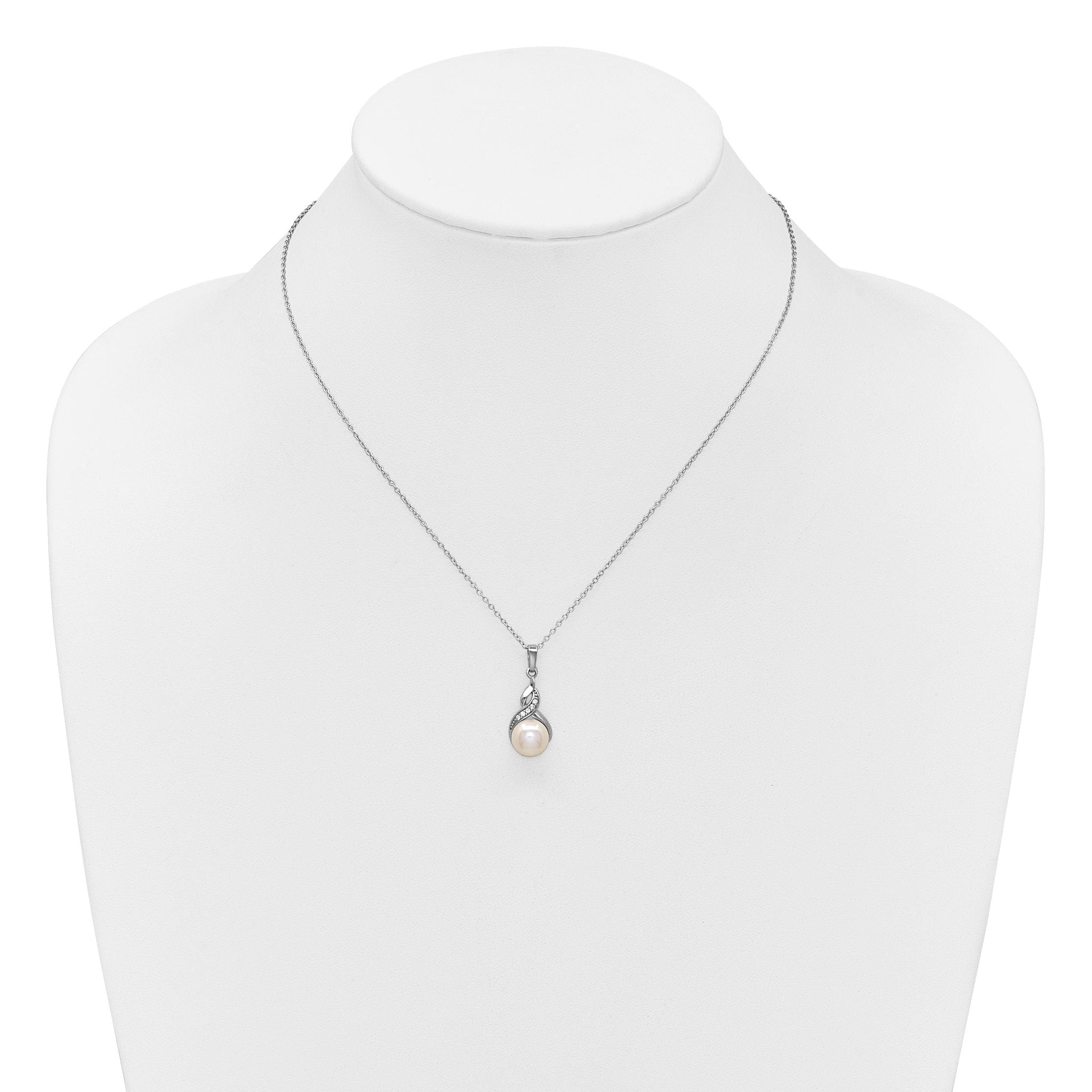 Sterling Silver Rhodium-plated 7-9mm Button White Freshwater Cultured Pearl and CZ 17 inch Necklace and Post Earring Set