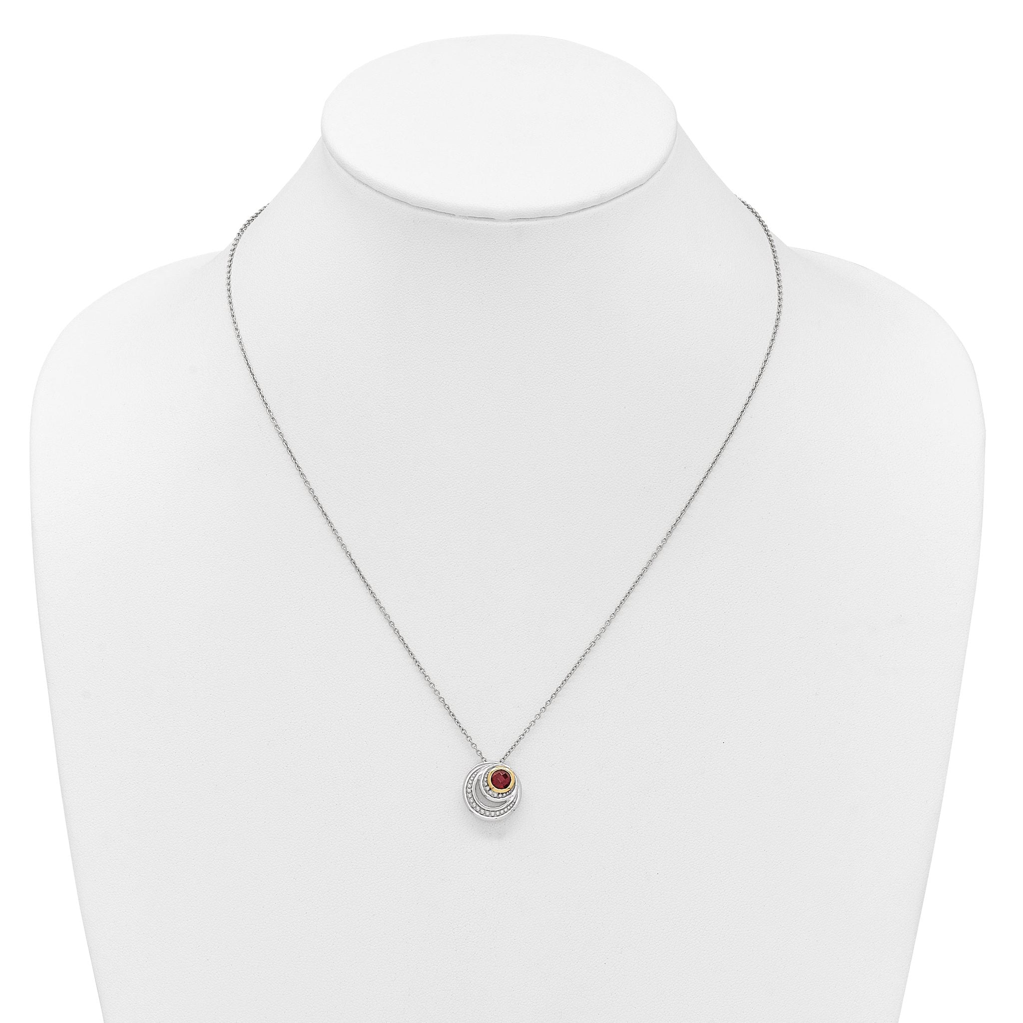 Shey Couture Sterling Silver Rhodium-plated with 14K Accent Round Garnet Swirl Circle 18 inch with 2 inch Extension Necklace