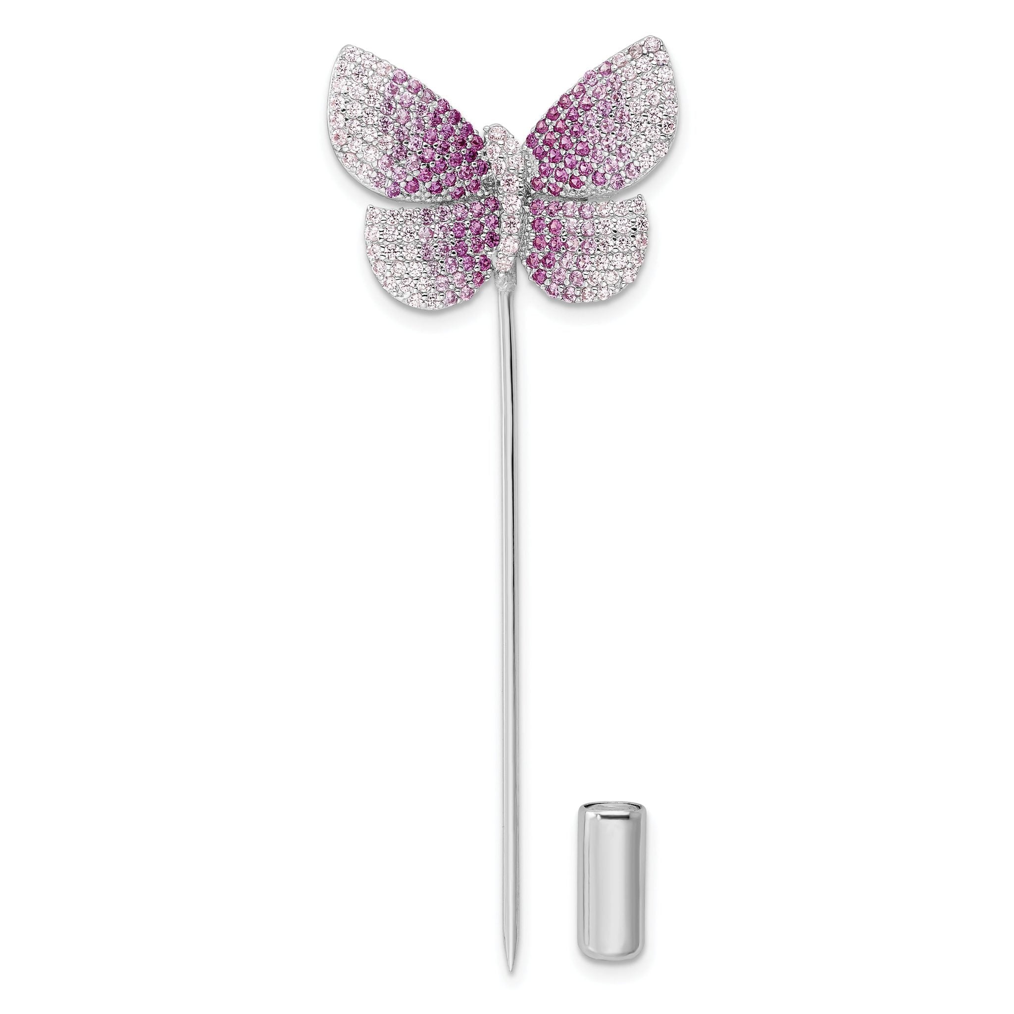 Sterling Silver Rhodium-plated Polished Pink CZ Butterfly Pin Main image