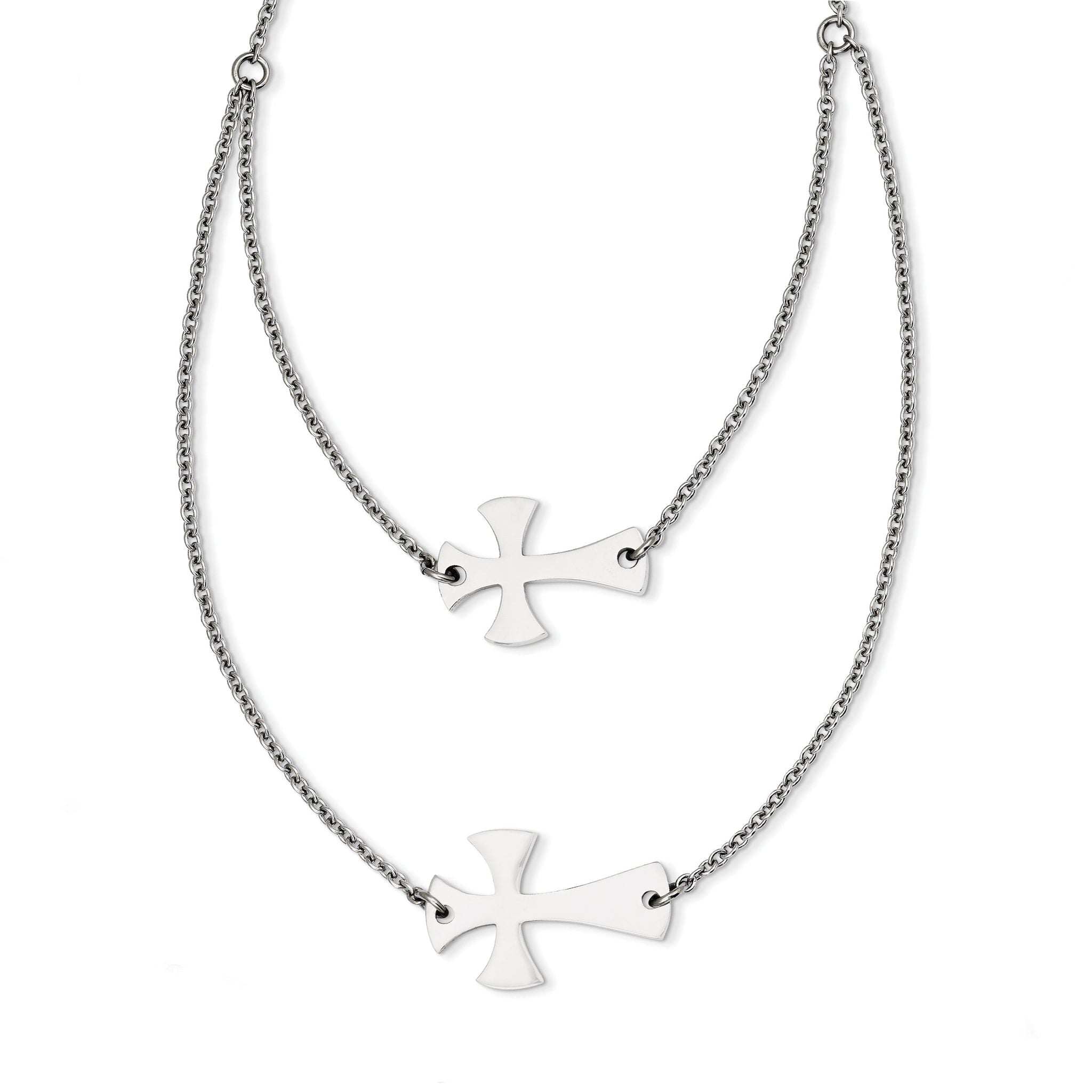 Stainless Steel Polished Unisex Layered Necklace with Sideways Cross