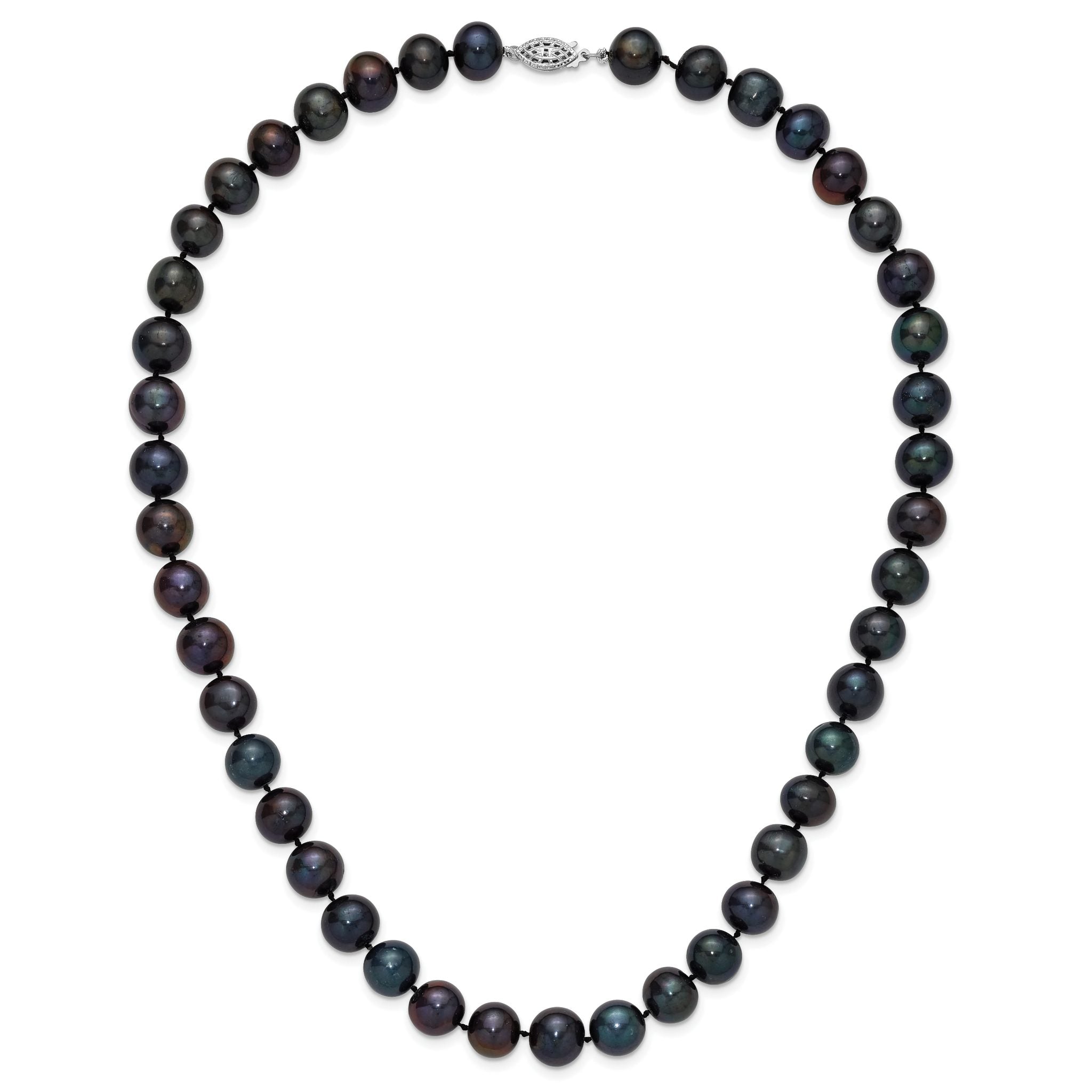 Sterling Silver Rhodium-plated 10-11mm Black Near-Round Freshwater Cultured Pearl 16 inch Necklace