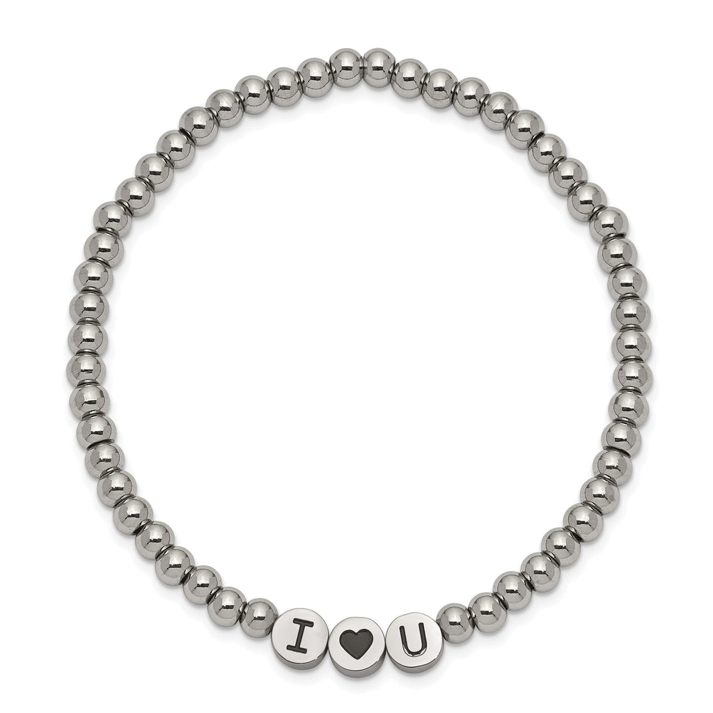 Stainless Steel Antiqued and Polished I Heart U 4mm Beaded Stretch Bracelet for Women