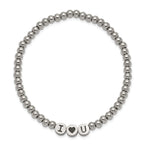 Stainless Steel Antiqued and Polished I Heart U 4mm Beaded Stretch Bracelet for Women