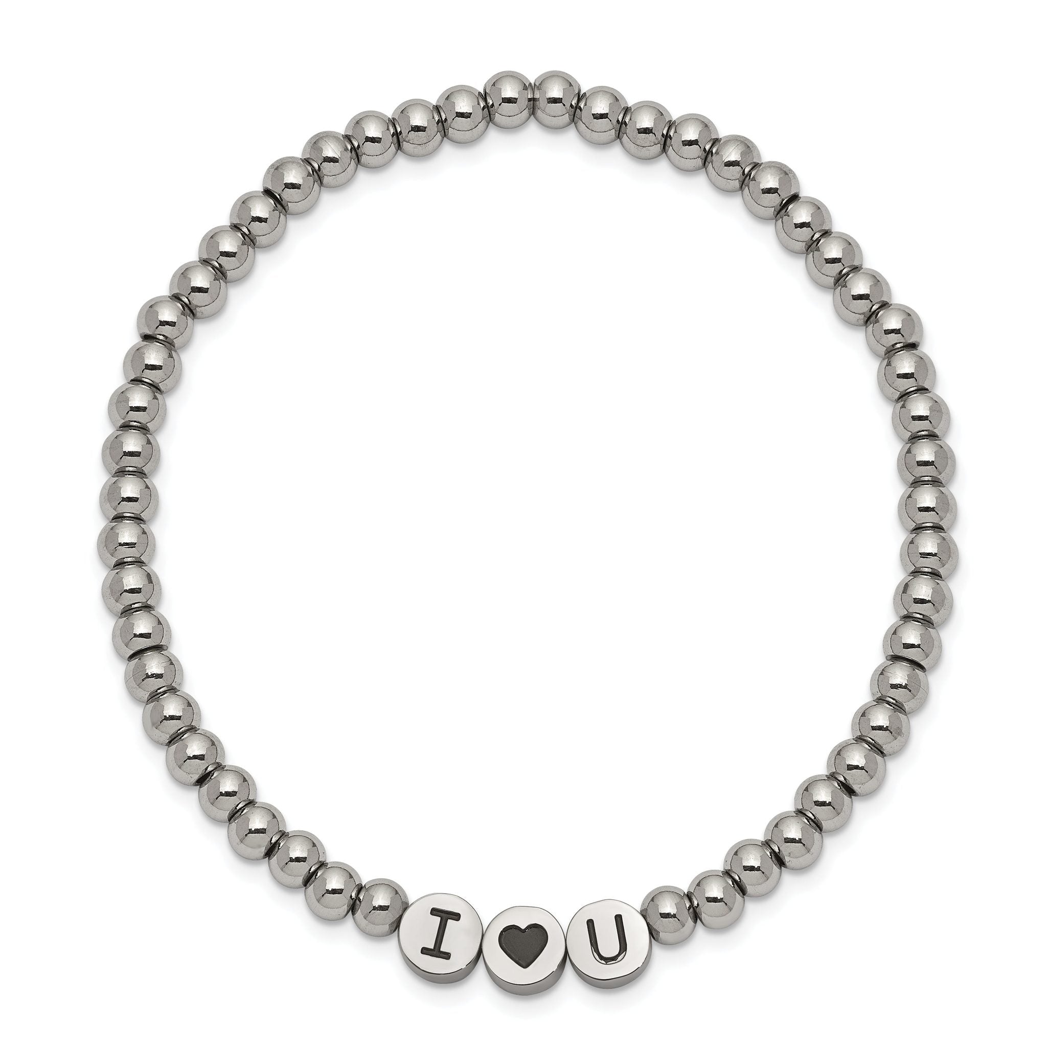 Stainless Steel Antiqued and Polished I Heart U 4mm Beaded Stretch Bracelet for Women