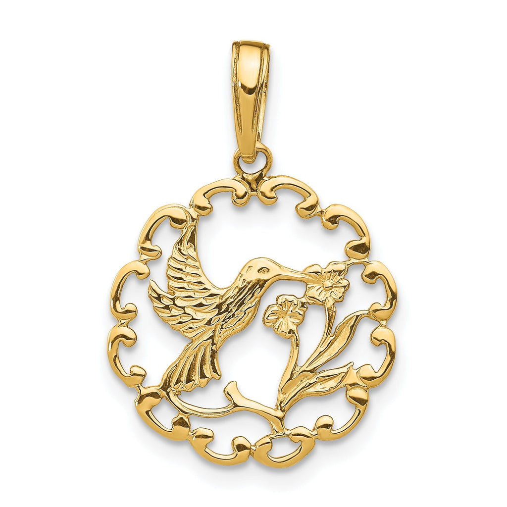 14K Gold Hummingbird and Flower Pendant with Polished Finish