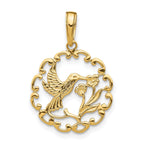 14K Gold Hummingbird and Flower Pendant with Polished Finish