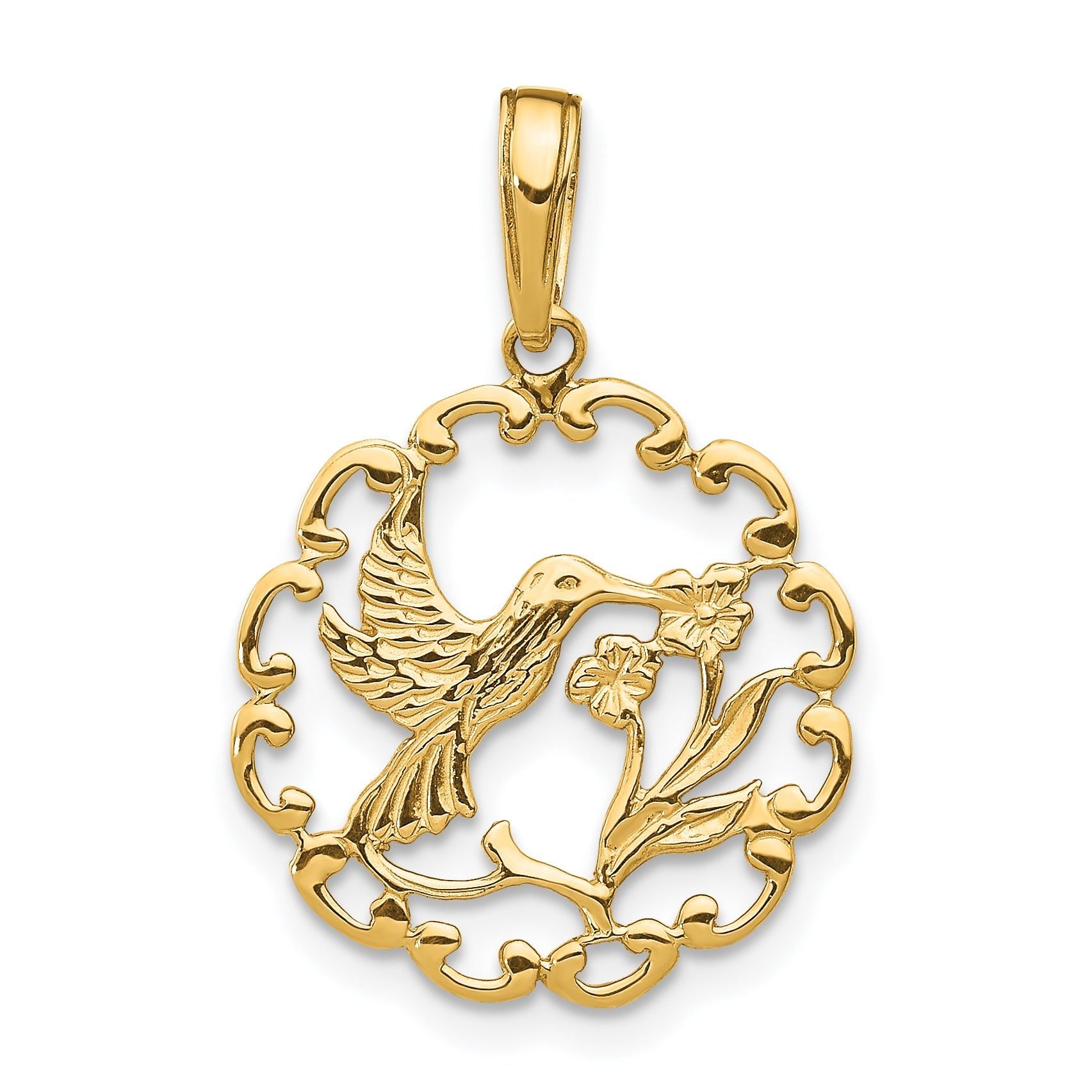 14K Gold Hummingbird and Flower Pendant with Polished Finish