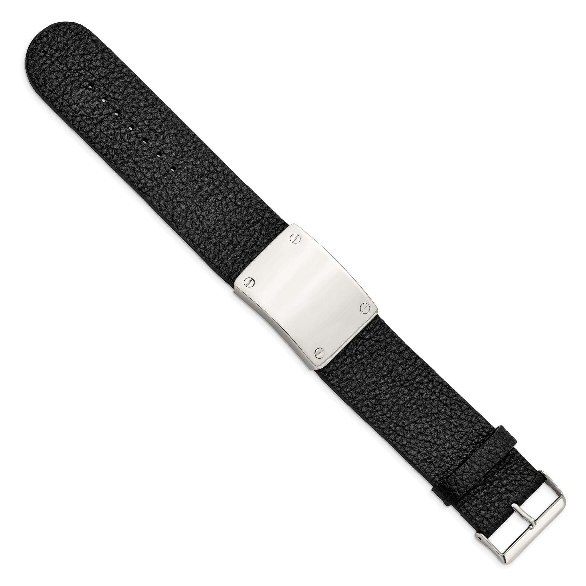 Stainless Steel Polished Black Leather Adjustable ID Bracelet for Men