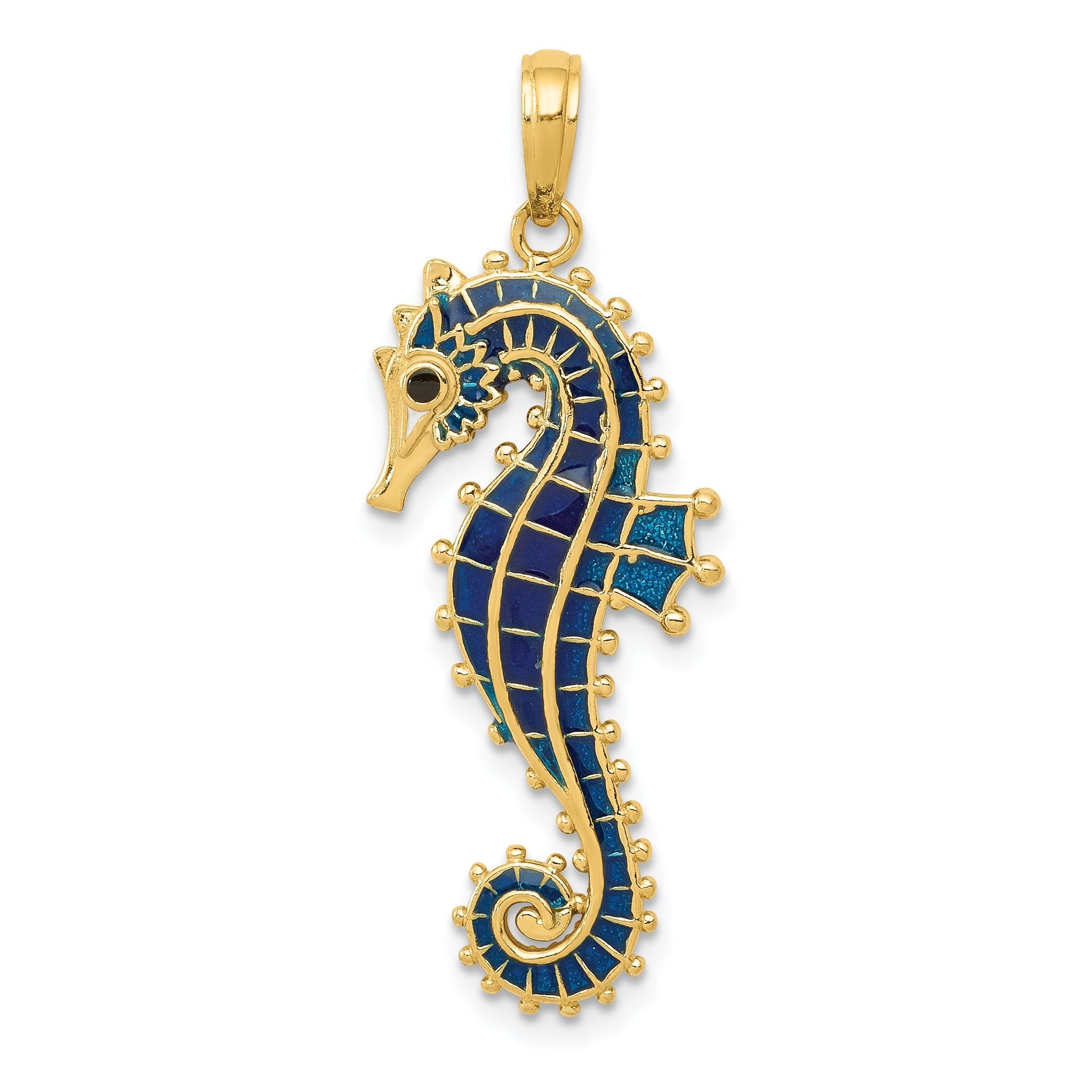 14K Gold 3D Blue Enameled Seahorse Pendant with Polished Finish