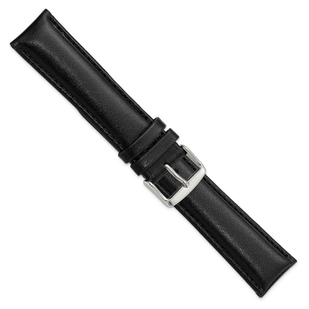 Long Black Leather Watch Band in Chronograph Style, 20mm