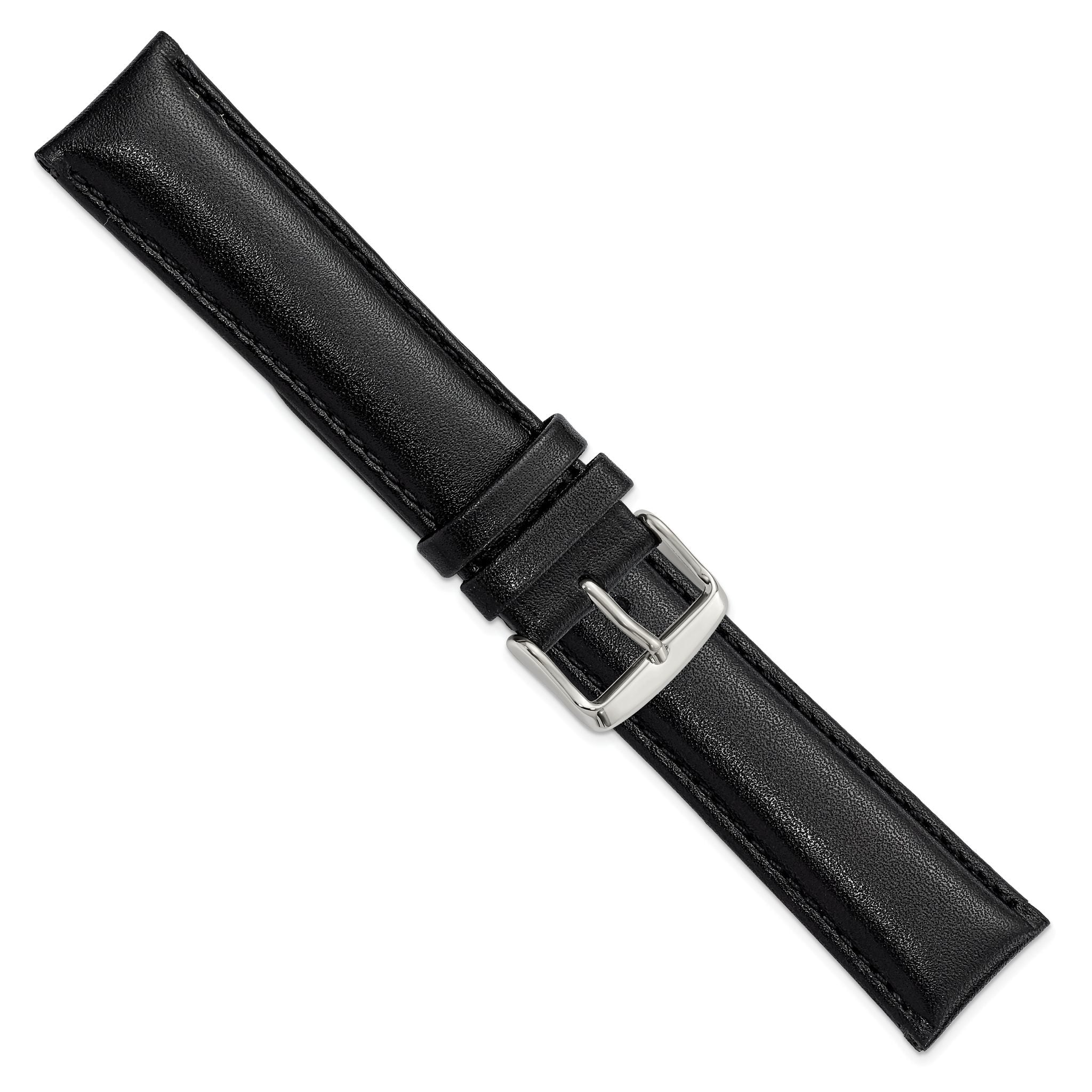 Long Black Leather Watch Band in Chronograph Style, 20mm