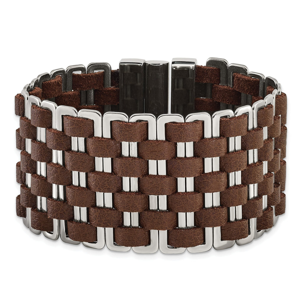 Stainless Steel Polished Woven Brown Leather Bracelet for Women
