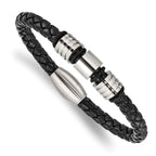 Stainless Steel Brushed and Polished Braided Black Leather Bracelet for Men