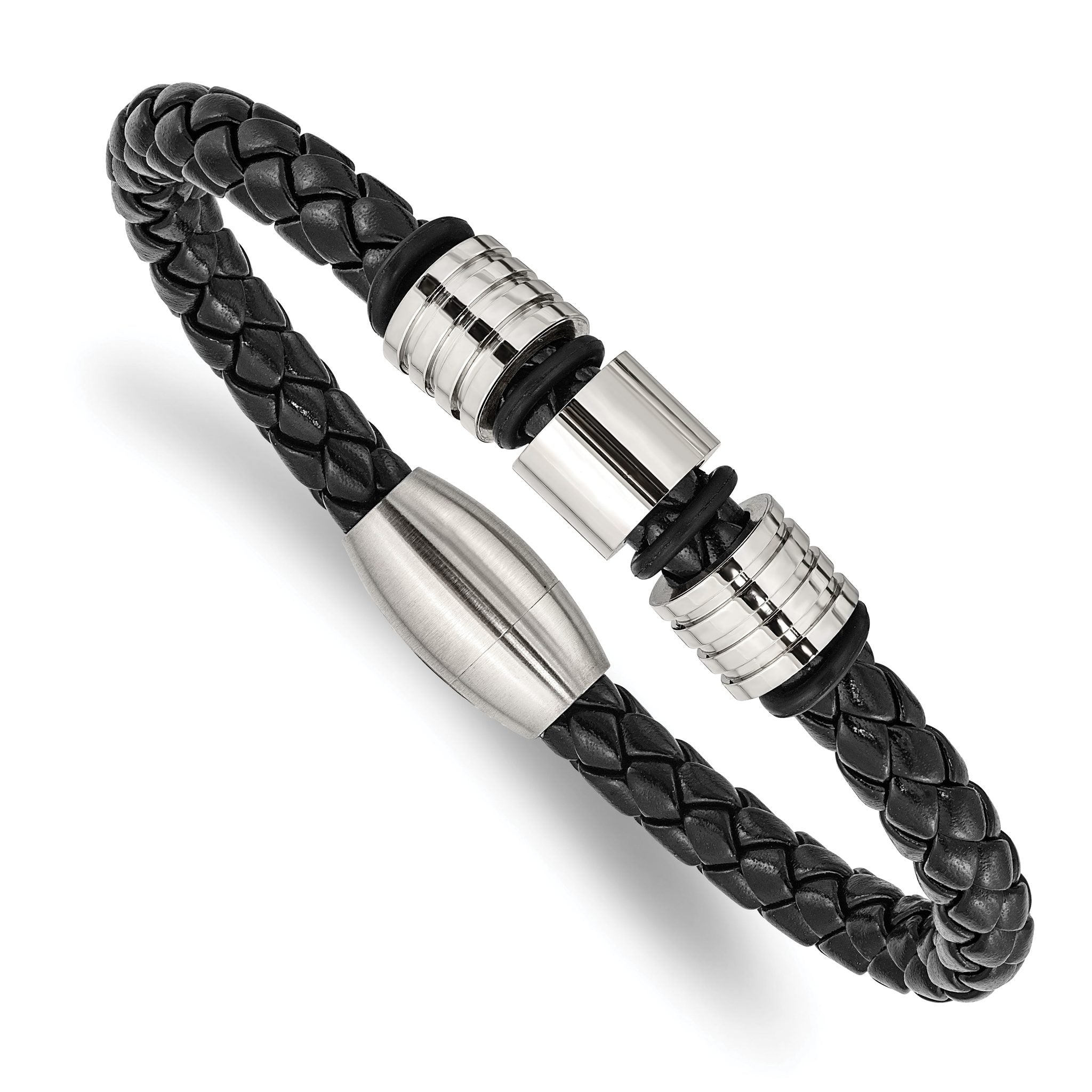 Stainless Steel Brushed and Polished Braided Black Leather Bracelet for Men
