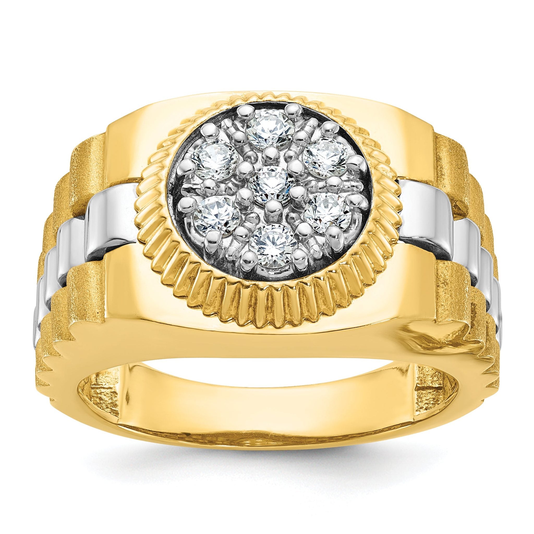 10k Two-tone Men's Polished Satin and Textured 1/2 Carat A Quality Diamond Cluster Ring Main image