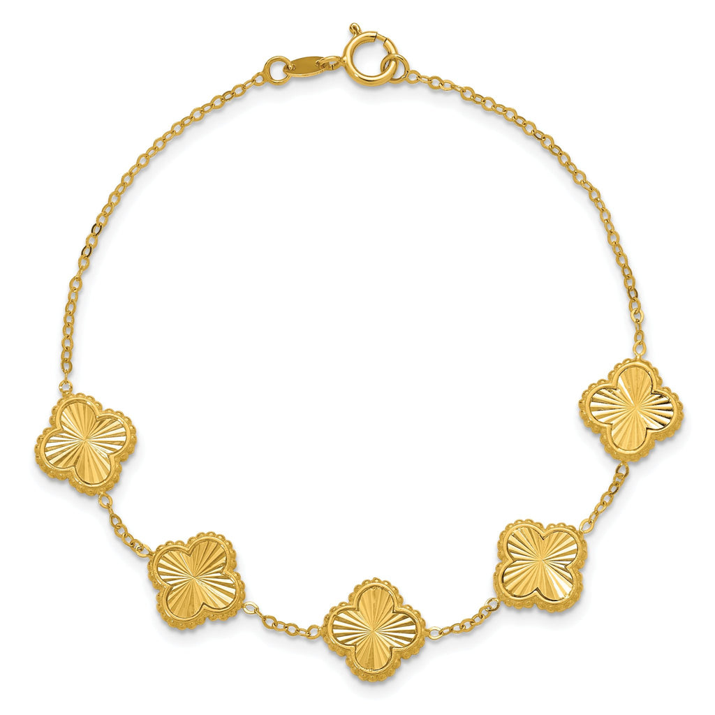 14K Polished and Diamond-cut Clover Station Bracelet