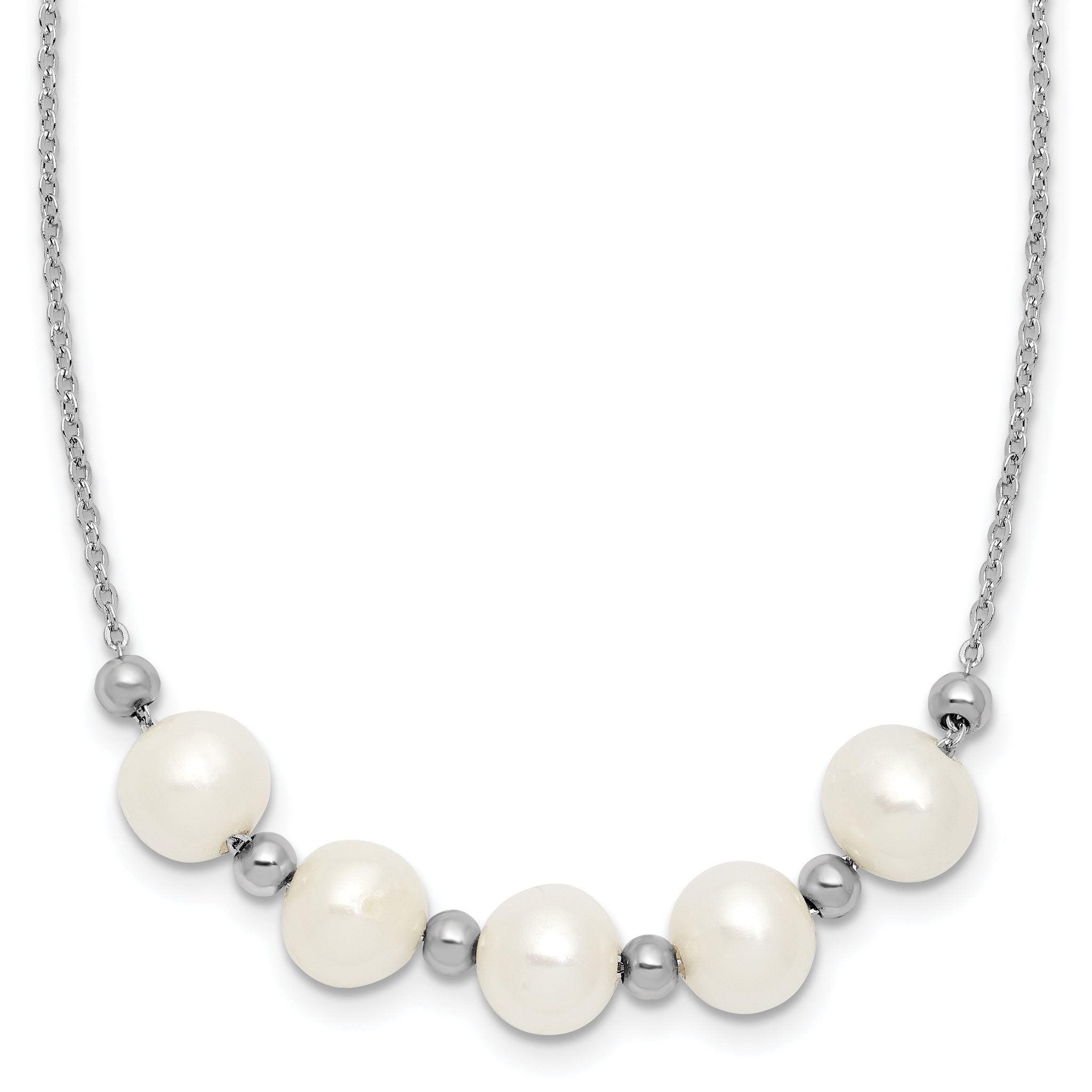 Sterling Silver Rhodium-plated 7-8mm Semi-Round White Freshwater Cultured Pearl and Beads 16 inch with 2 inch Extender Necklace Main image