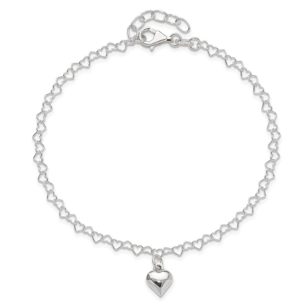 Sterling Silver Puffed Heart Charm 9 inch Plus 1 inch Extender - Total 10 inch Anklet