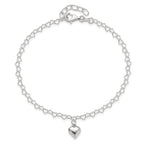 Sterling Silver Puffed Heart Charm 9 inch Plus 1 inch Extender - Total 10 inch Anklet