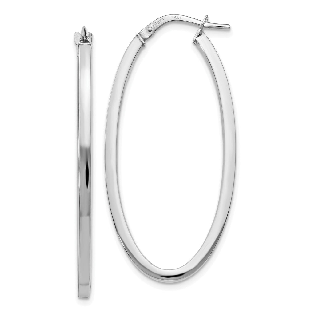 10K White Gold Oval Hoop Earrings with Polished Rhodium Finish, 41mm
