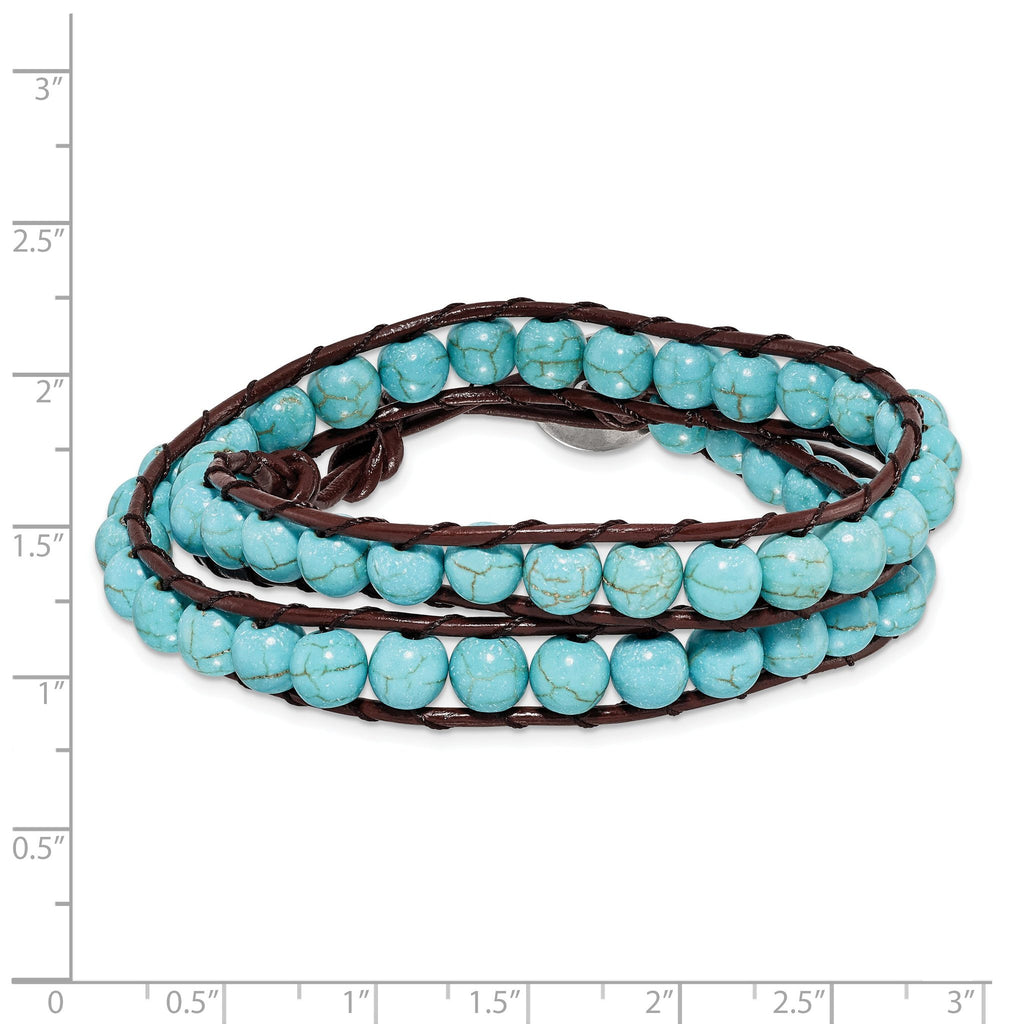 Turquoise Leather Wrap Bracelet in Stainless Steel, 6mm