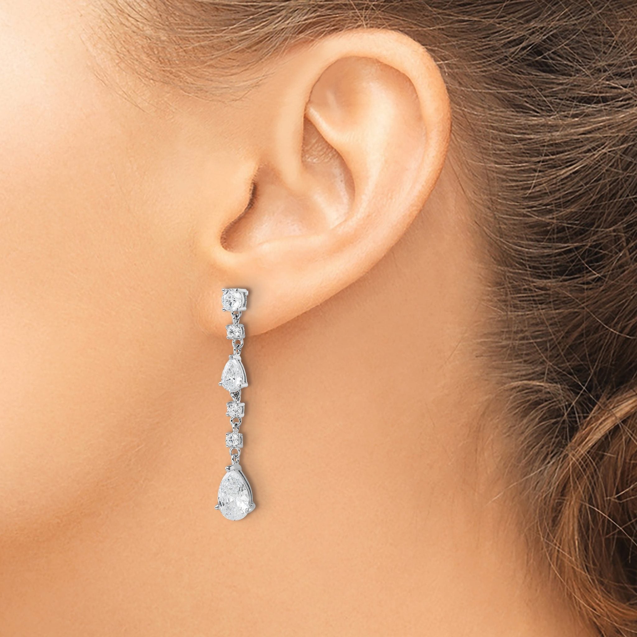 Cheryl M Sterling Silver Rhodium-plated Polished Fancy CZ Teardrop Post Dangle Earrings