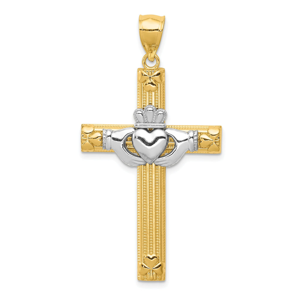 14K Two-Tone Gold Claddagh Cross Pendant with Polished Finish Solid Design