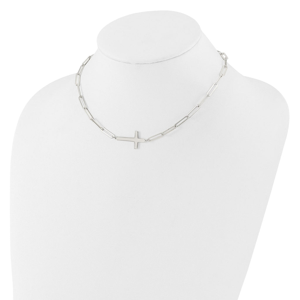 Sterling Silver E-Coated Cross Paperclip Link With 2 in ext Necklace